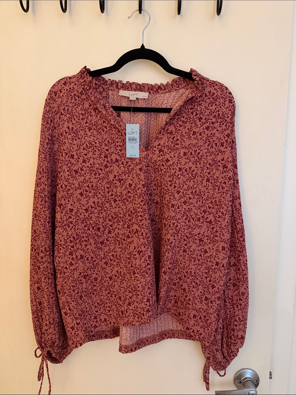 LOFT Rose-Mauve Floral V-Neck Ruffle Sweater